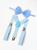 Light blue bow tie and suspenders set on a white background