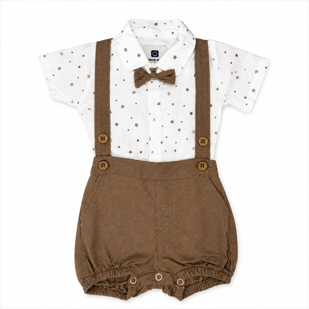 Baby outfit with white shirt, brown suspenders, and shorts on a white background