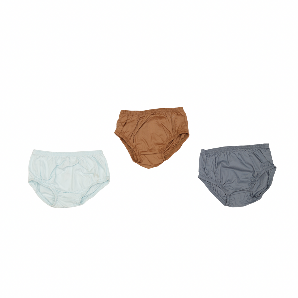 Three children's underwear in light blue, brown, and gray on a white background