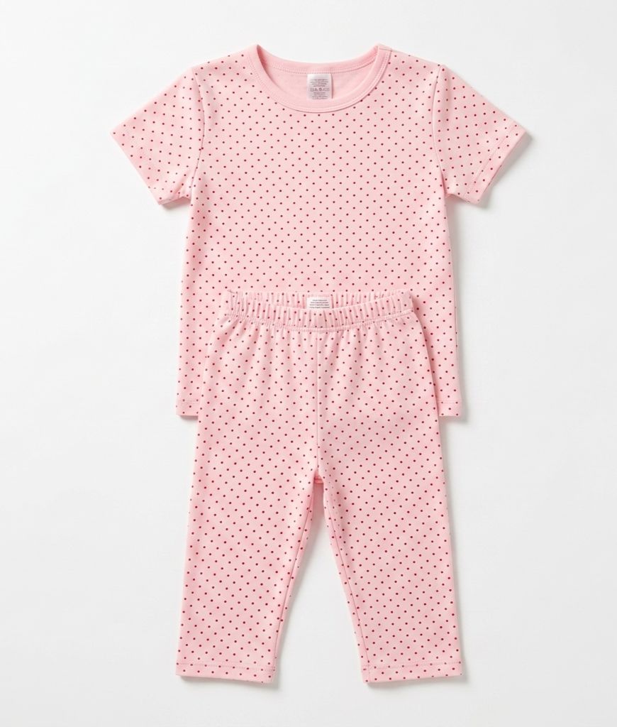 Pink children's pajama set with small patterns on a white background