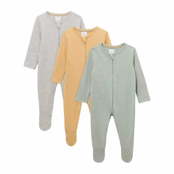 Three baby onesies in gray, mustard yellow, and green on a white background