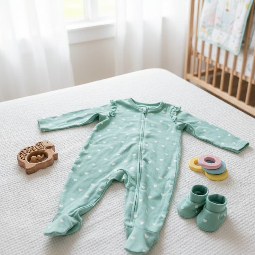 Green baby onesie with white polka dots on a crib mattress, surrounded by baby toys and shoes.