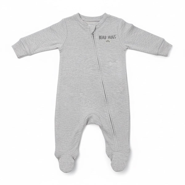 Gray baby onesie with 'Bear Hugs' text on a white background
