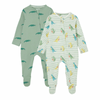 Two baby onesies with dinosaur patterns on a white background