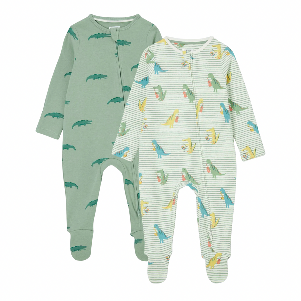 Two baby onesies with dinosaur patterns on a white background