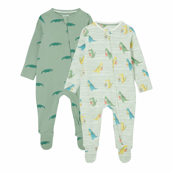 Two baby onesies with dinosaur patterns on a white background