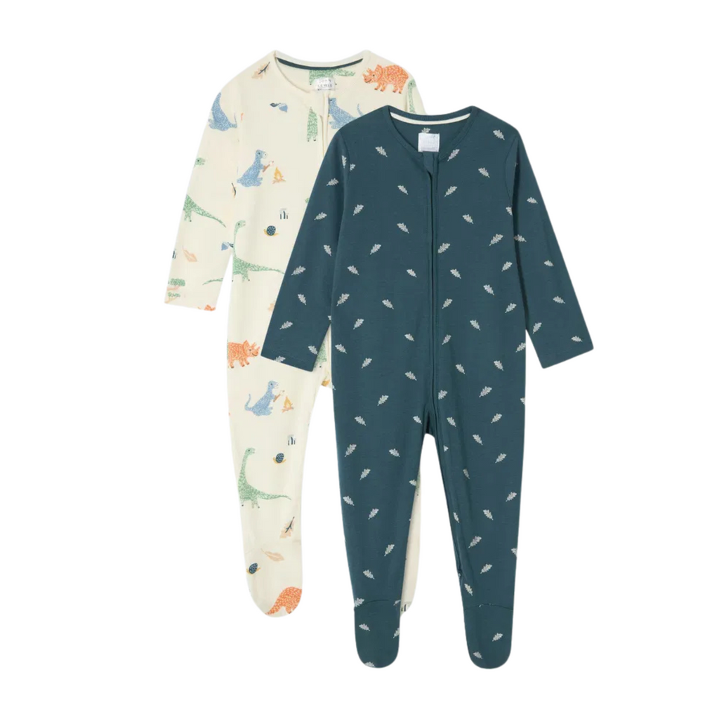 Two children's onesies on a white background, one with animal patterns and the other with leaf patterns.