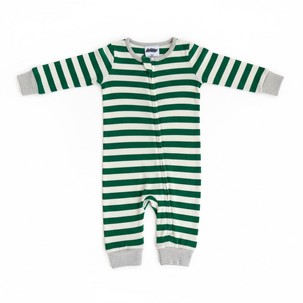 Green and white striped baby onesie with gray cuffs on a white background