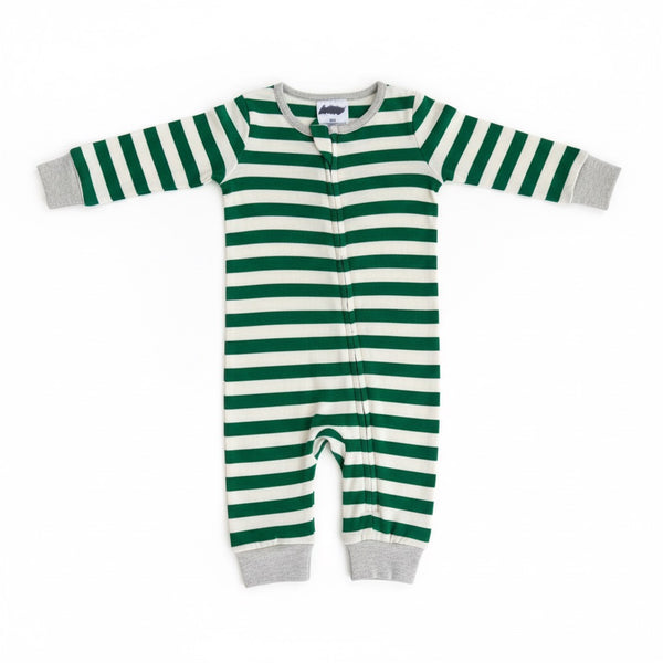 Green and white striped baby onesie with gray cuffs on a white background