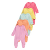 Stack of colorful baby onesies on a white background