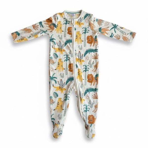 Baby onesie with jungle animal pattern on a white background
