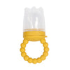 A yellow baby fruit feeder teether with a clear lid and curved silicone handle.