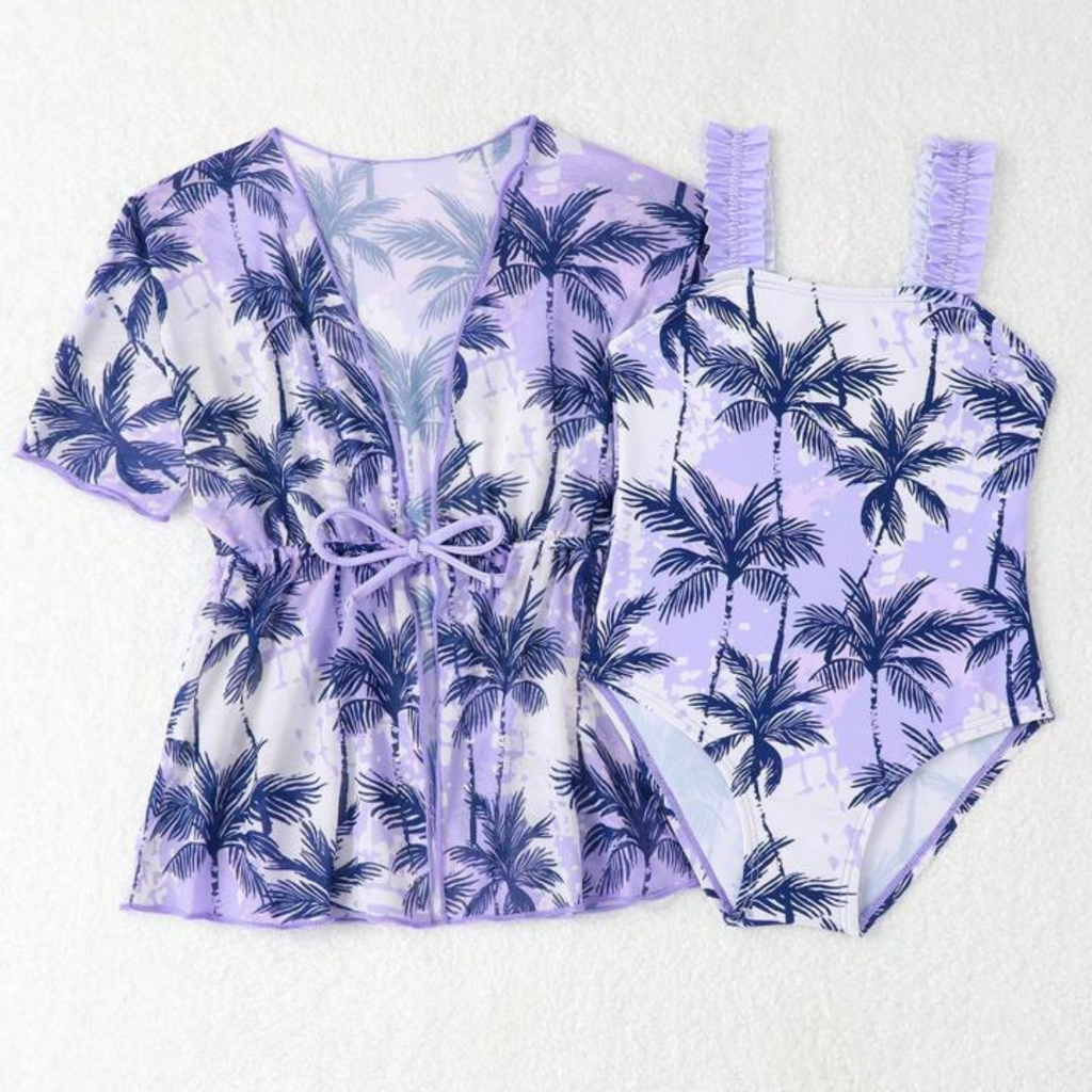 Baby Girl 2 Piece Purple Tropical Palms Frill Strap Swimsuit Kimono