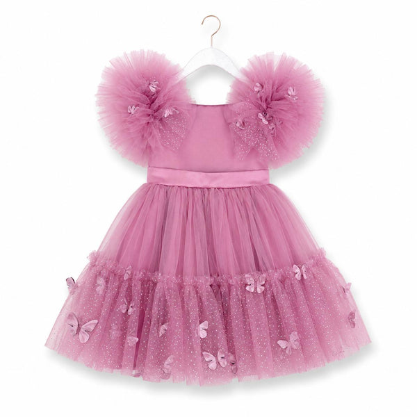 A pink toddler girl's party dress with a tulle skirt, embellished with butterfly appliqués and a matching pink satin waistband, hanging on a white plastic hanger against a white background.
