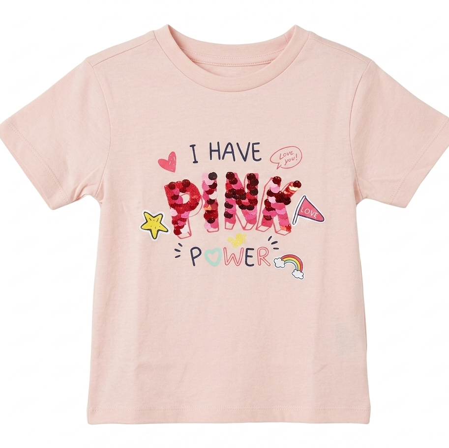 Pink t-shirt with 'I Have Pink Power' text and graphics on a white background