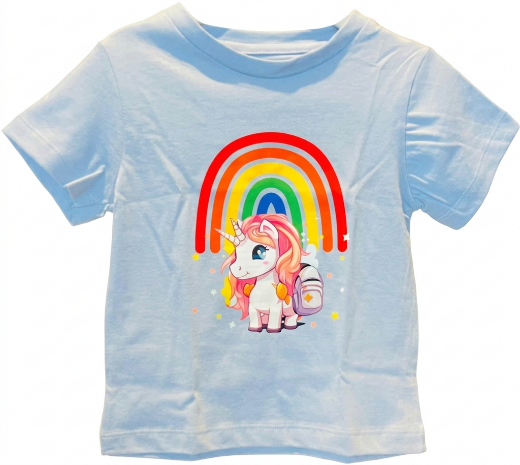 Light blue t-shirt with a unicorn and rainbow design on a white background