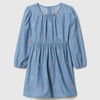 Girl Blue denim dress with butterfly embroidery on a light gray background