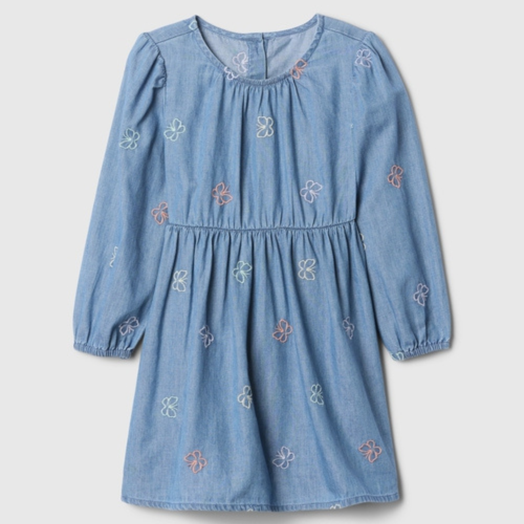 Girl Blue denim dress with butterfly embroidery on a light gray background