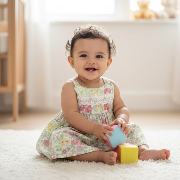 Baby in a floral dress sitting on a carpet with colorful blocks