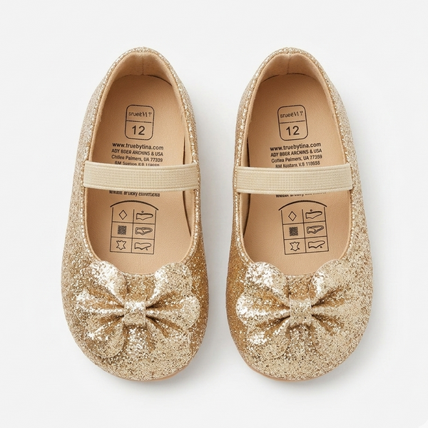 Pair of gold glittery shoes with bows on a white background