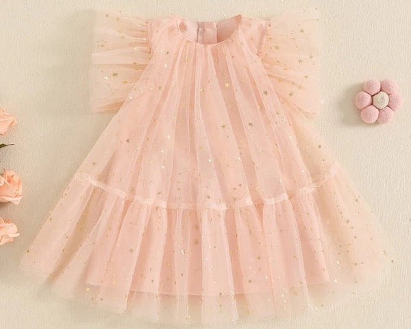 Baby Girl & Kids Peach Puff Sleeve Starry Tulle Dress