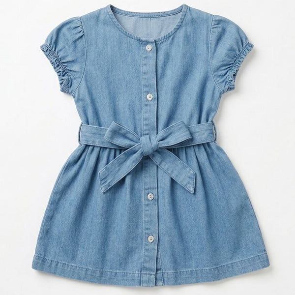 Blue denim dress with a belt on a white background
