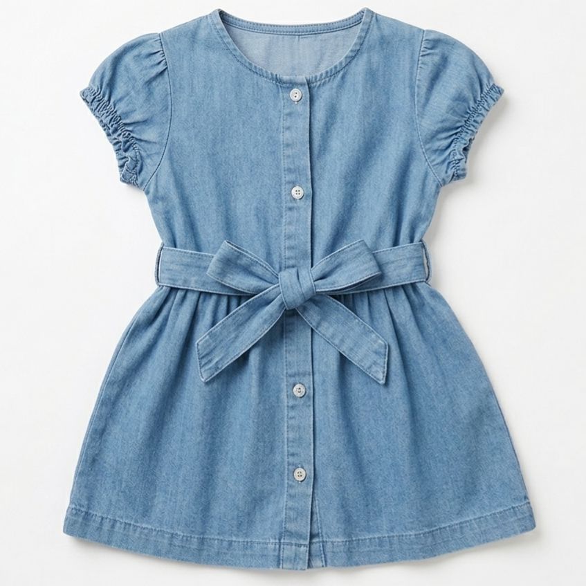 Blue denim dress with a belt on a white background