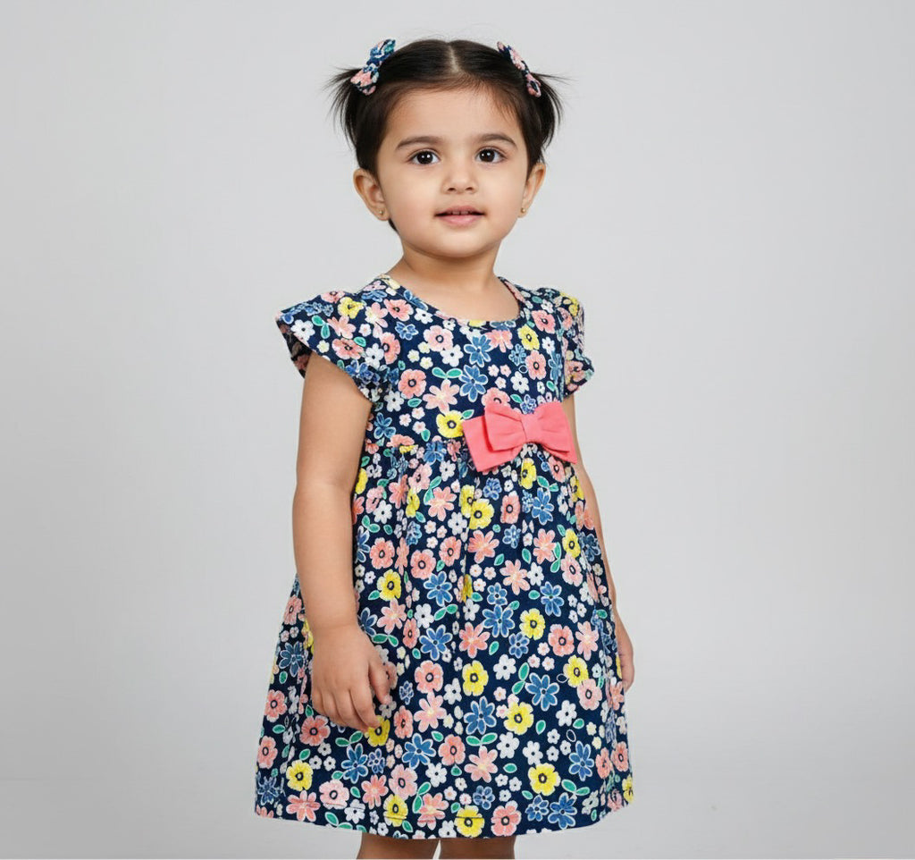 Young girl wearing a floral dress with a pink bow on a gray background