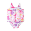 A one-piece baby swim suit with a pink unicorn and party print, designed for girls.