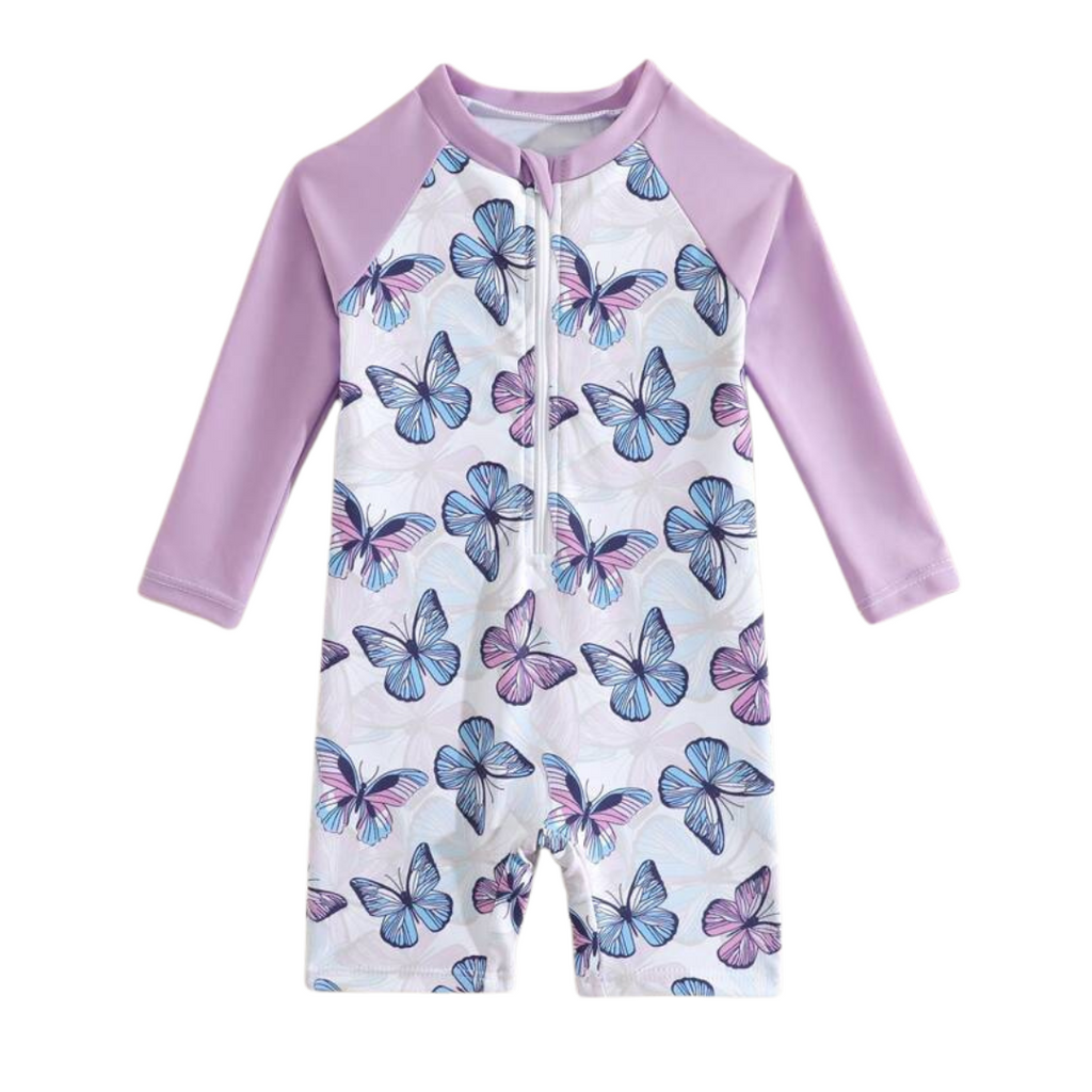 A long sleeve swim suit for baby girls with blue and purple butterfly print.