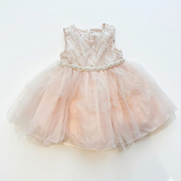 Pink dress with lace top and tulle skirt on a white background