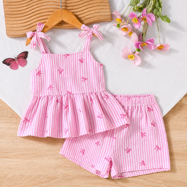 Adorable two-piece set featuring a soft pink and white colour bow design perfect for active little ones.
