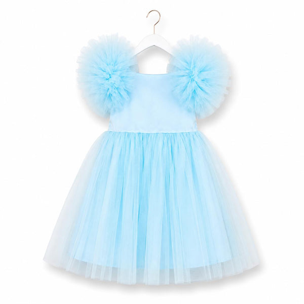 A light blue toddler girl's party dress with voluminous tulle and fluffy pom-pom sleeves, hanging on a white hanger against a white background.