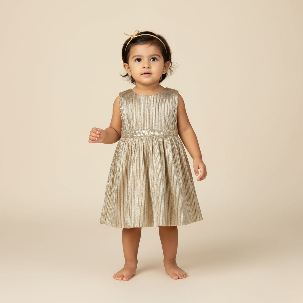 Young child wearing a gold dress against a beige background