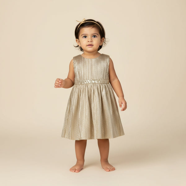 Young child wearing a gold dress against a beige background