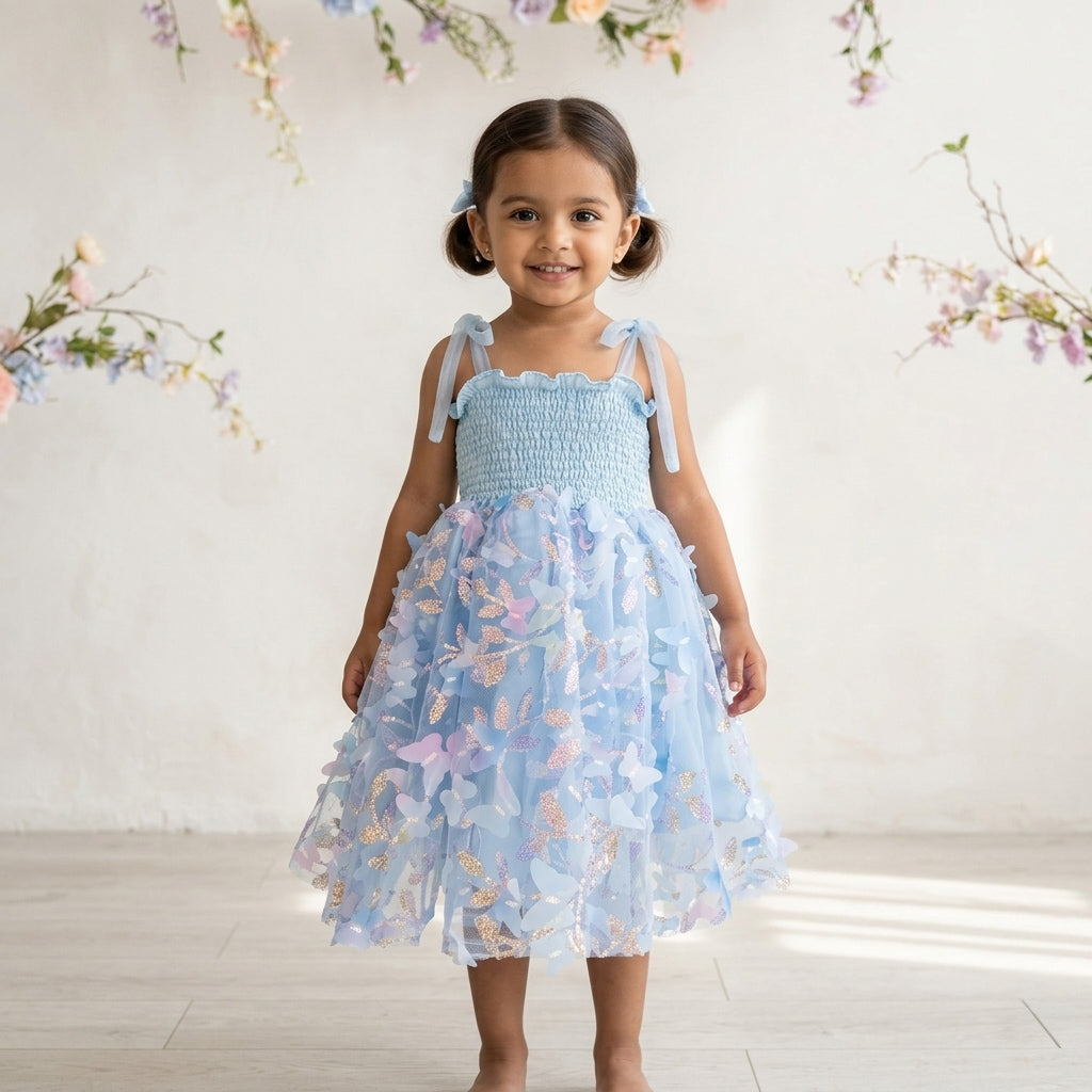 Young girl wearing a light blue floral dress against a white background with decorative flowers.