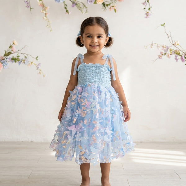 Young girl wearing a light blue floral dress against a white background with decorative flowers.