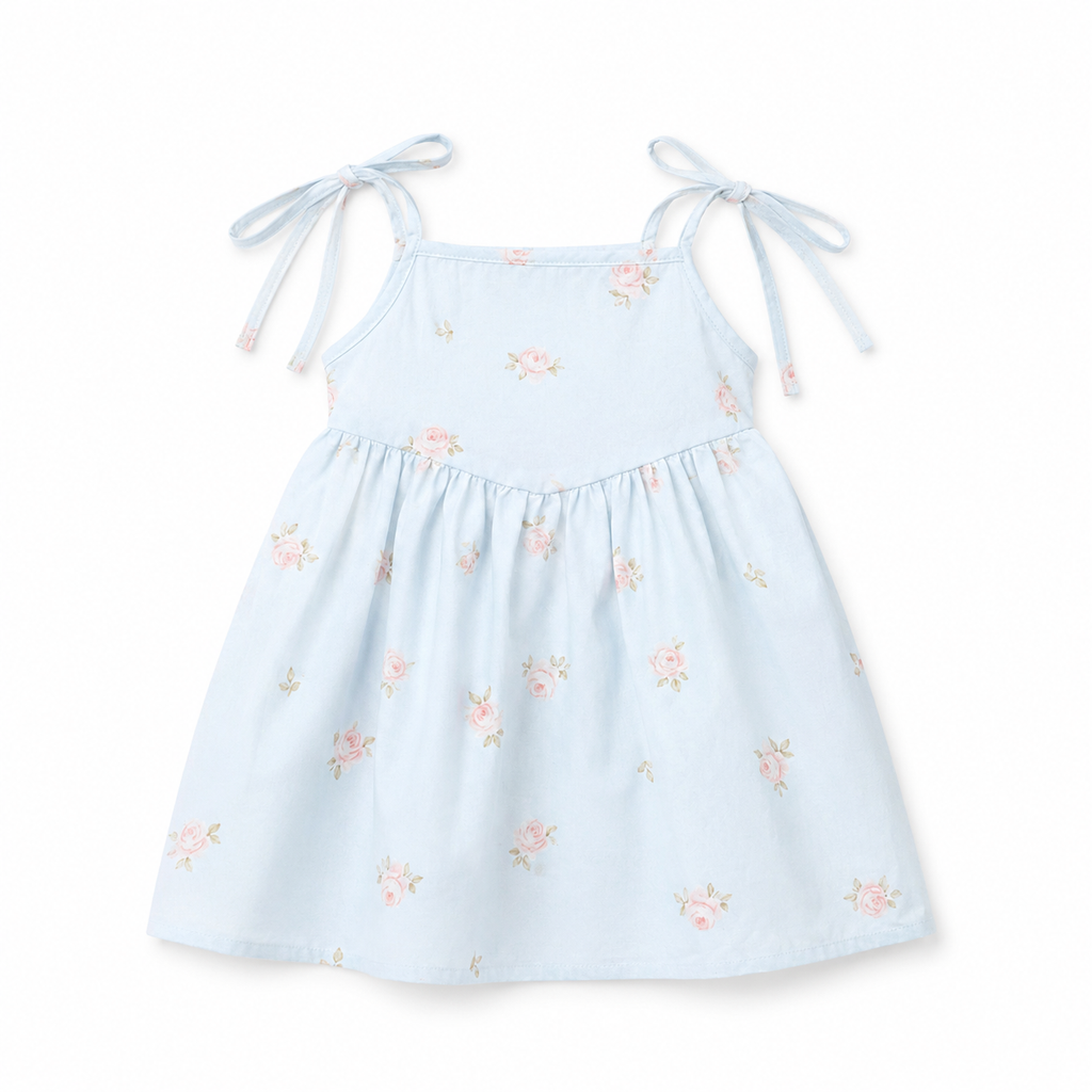 Studio Shot taken image of Baby Girls Blue-Rose Blossom Cross-Back Frock with a white background