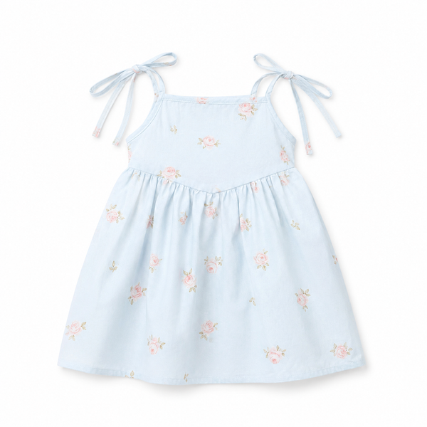 Studio Shot taken image of Baby Girls Blue-Rose Blossom Cross-Back Frock with a white background