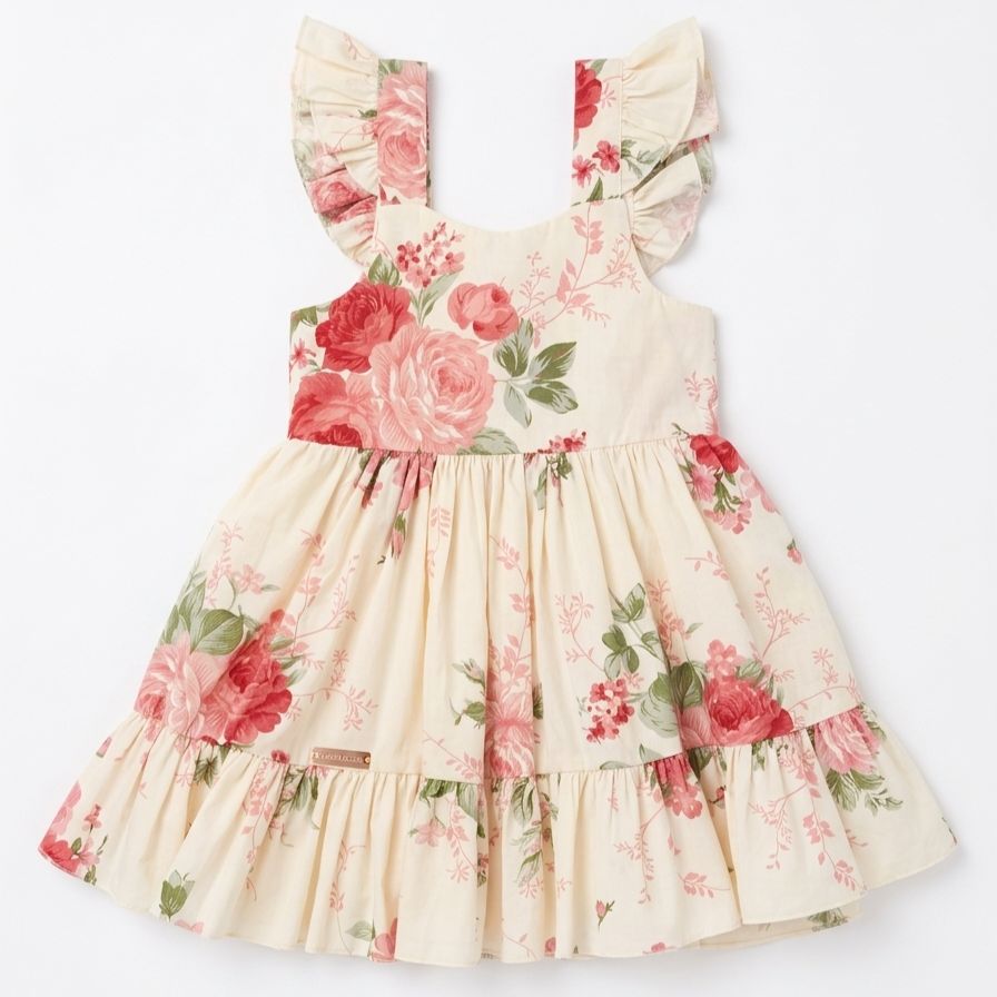 Floral dress with pink roses and green leaves on a white background