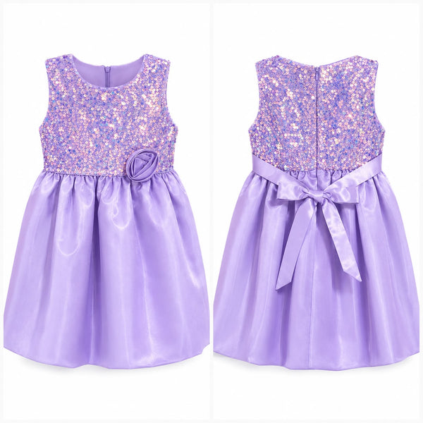 A sleeveless lavender dress shown from the front and back. The bodice is covered in iridescent pink and purple sequins with a fabric rose detail on the front and a satin waistband with a bow on the back.
