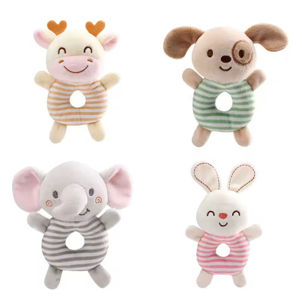 Four plush toys shaped like a cow, dog, elephant, and rabbit 