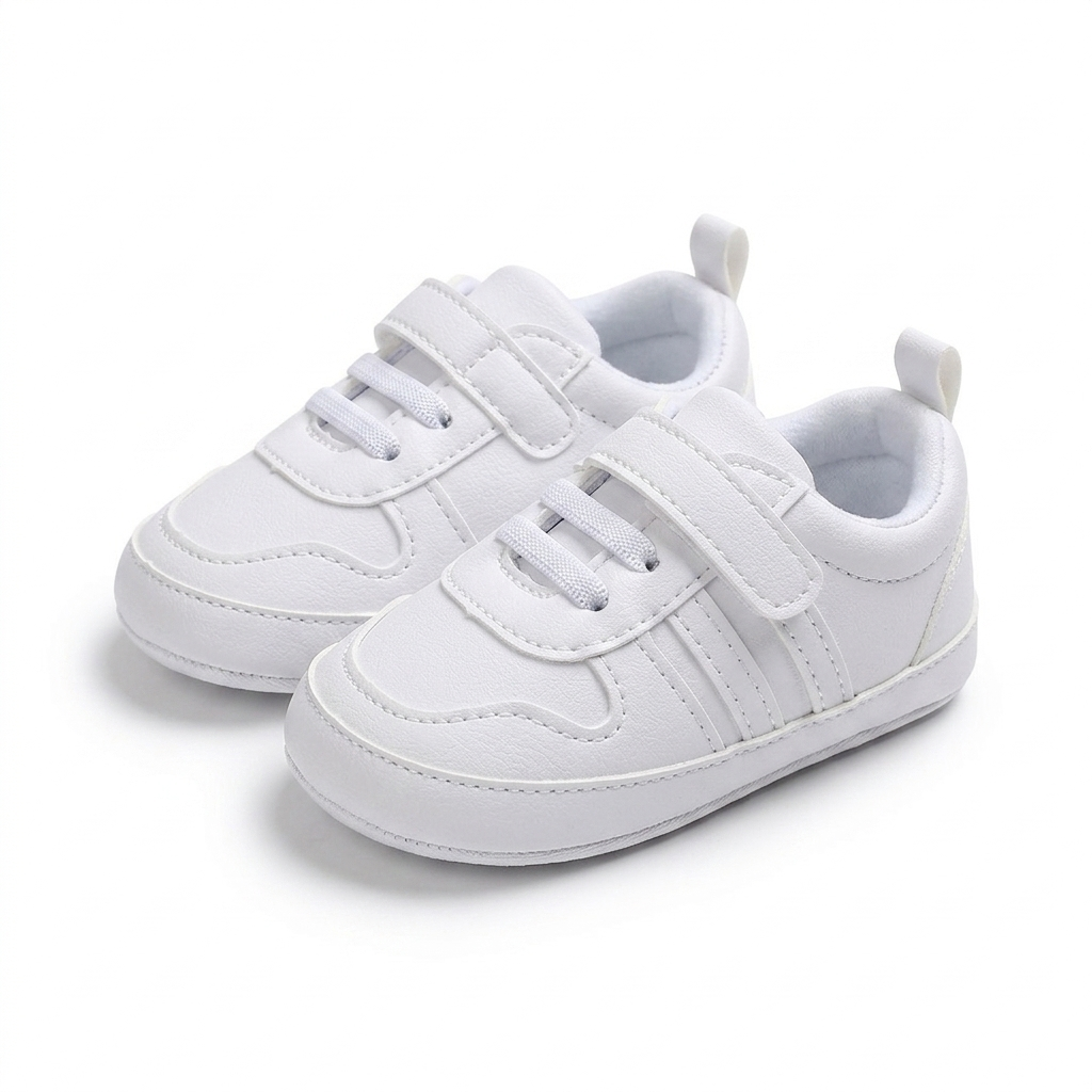 White children's sneakers with velcro straps on a white background