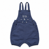 A pair of baby blue corduroy overall shorts with a bear face patch on the chest, photographed flat on a white background.