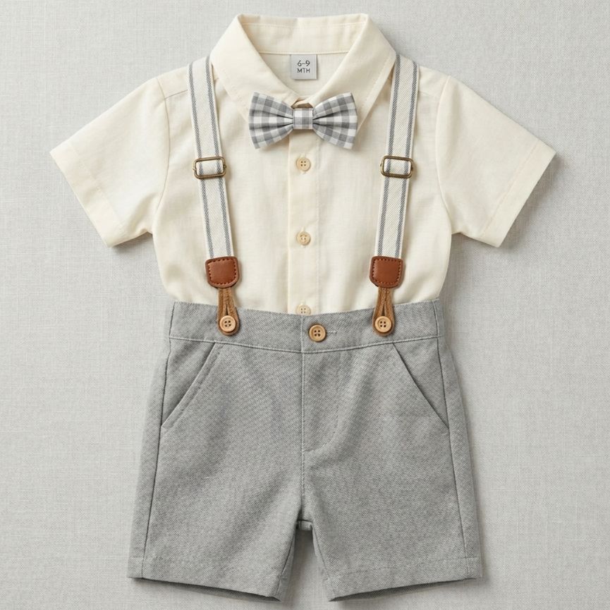 Children's outfit with shirt, suspenders, and bow tie on a light gray background