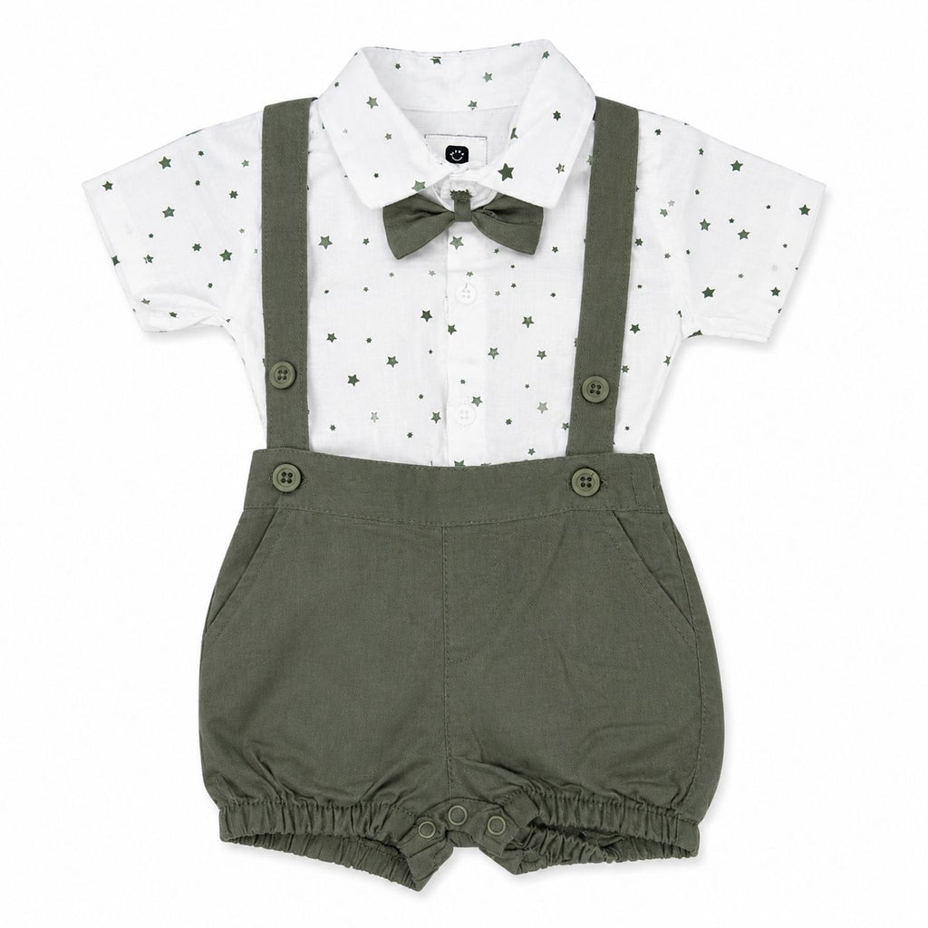 Baby outfit with white shirt, green suspenders, and shorts on a white background