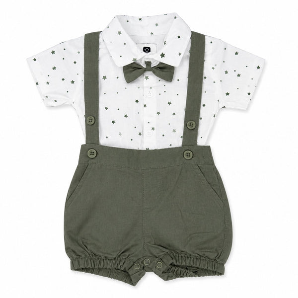 Baby outfit with white shirt, green suspenders, and shorts on a white background