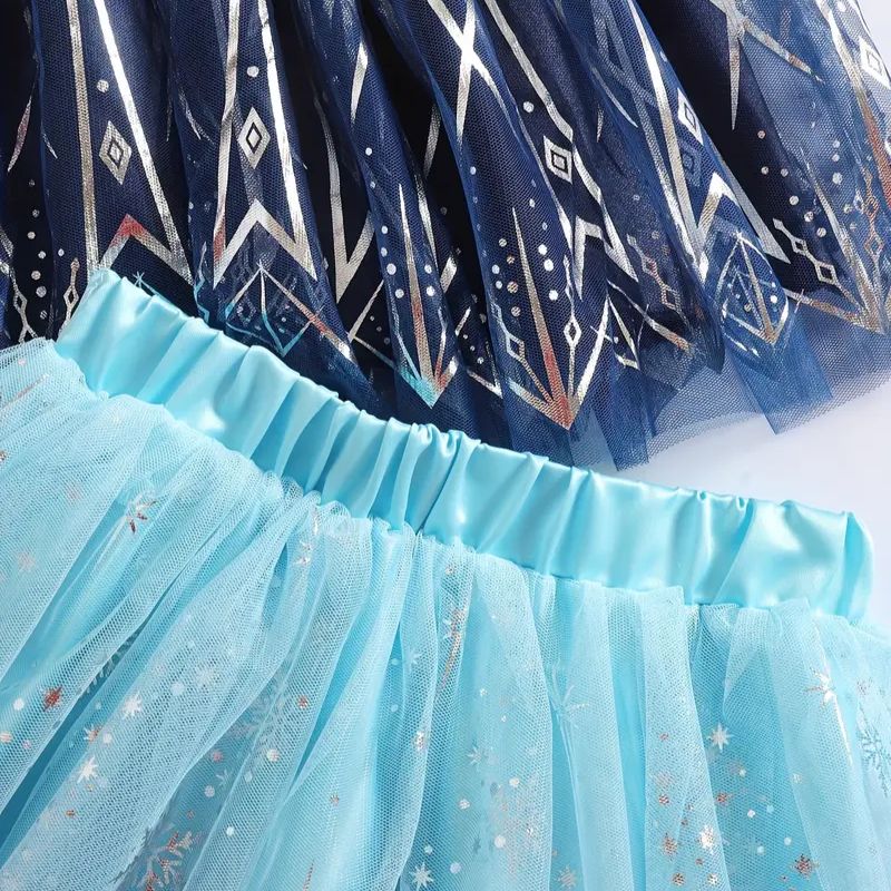 Close-up of a blue and navy dress with intricate patterns and a fluffy texture.