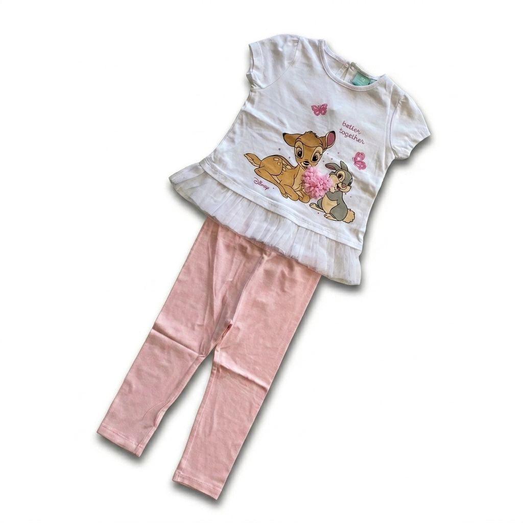 Children's outfit with a white shirt and pink pants featuring cartoon characters on a white background