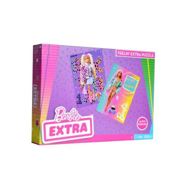 A Barbie-themed puzzle box featuring images of the Barbie doll and her pet on the cover. The box contains two puzzles and is designed with a purple background and pink accents.
